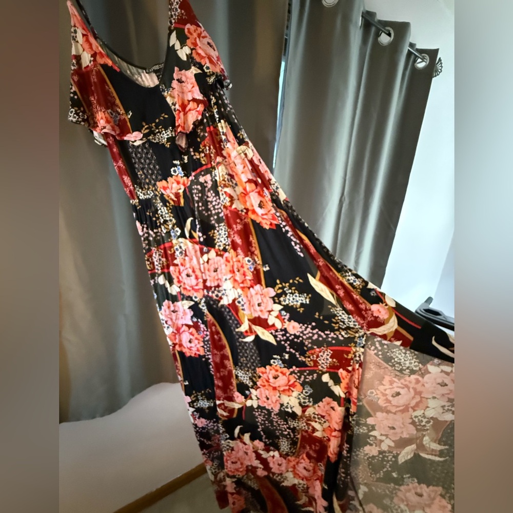 Express Black Maxi Dress with Pink Floral Print